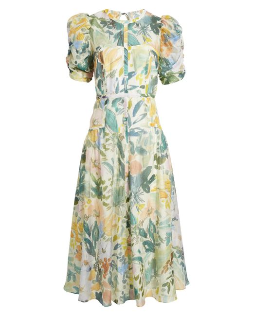 Ted Baker Green Mincia Puff Sleeve Floral Midi Dress