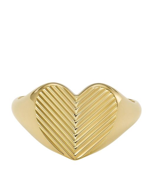 Fossil Yellow Harlow Linear Texture Heart Gold-tone Stainless Steel Signet Ring