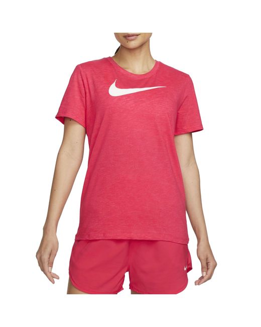 Nike Fd2884-648 W Nk Df Tee Swoosh T-shirt Lt Fusion Red/pure/htr/white Maat Xs in het Pink