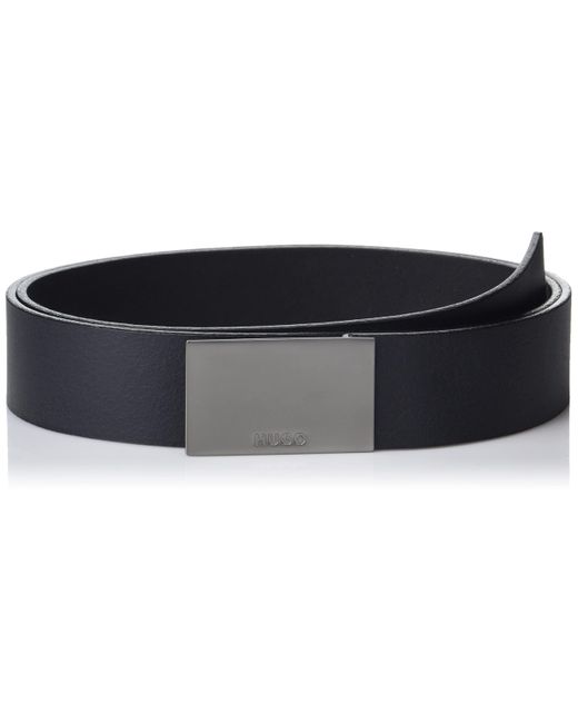 HUGO Black Engraved Logo Buckle Leather Belt for men