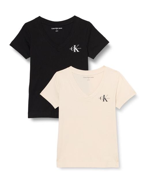 Donna T-Shirt iche Corte Confezione da 2 Monologo Scollo a V di Calvin Klein in Black