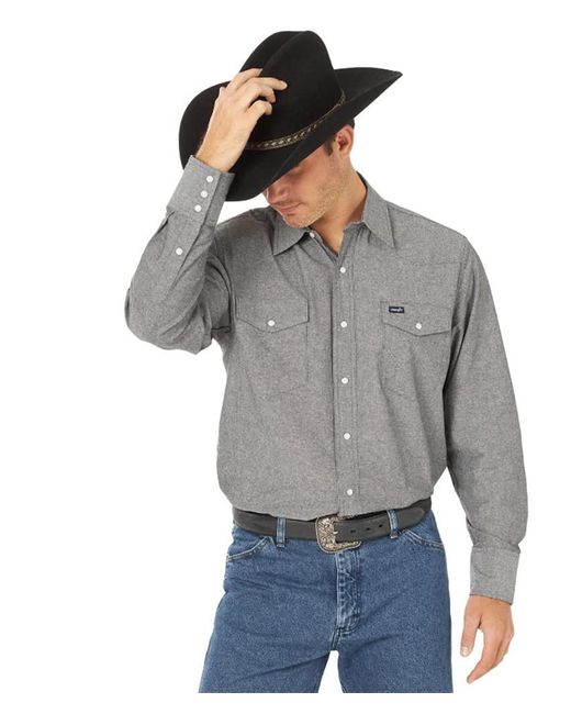 Wrangler Gray Cowboy Cut Western Long Sleeve Snap Work Shirt Washed Finish Shirt for men