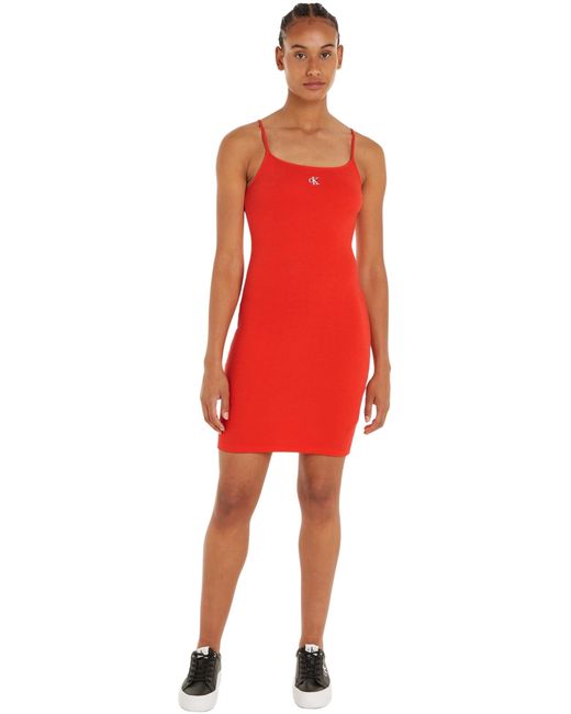 Calvin Klein Red Slub Rib Dress J20j223059 Bodycon