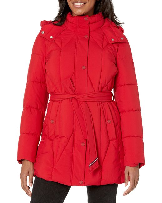 Tommy Hilfiger Red Solid Long Puffer Hooded Self Tie Belt Jacket