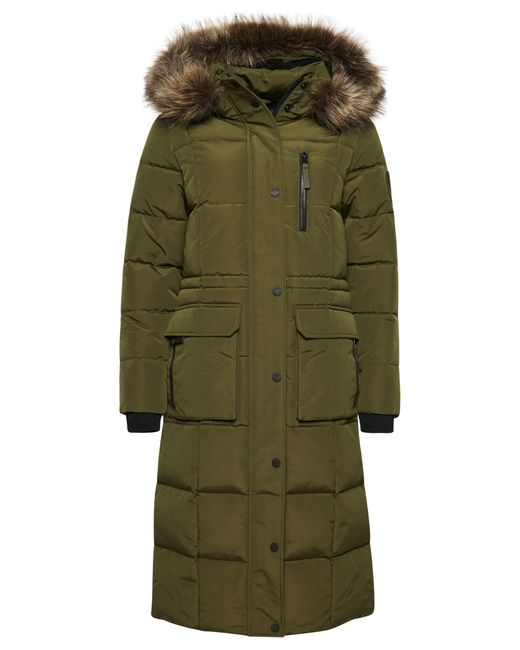 Superdry Green Women's Longline Faux Fur Everest Coat A4 - Padded, Surplus Goods Olive,