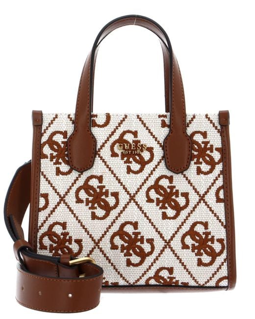 Guess Brown Silvana Embroidered Canvas Mini Tote