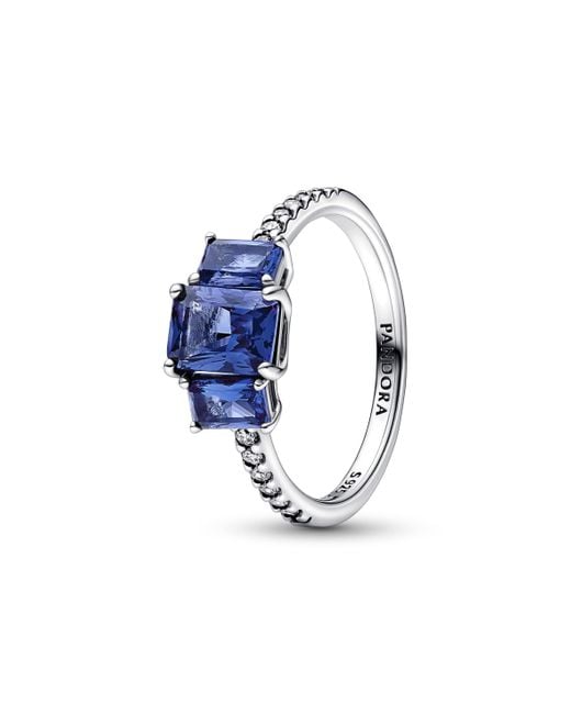 Pandora Timeless Blue Rectangular Three Stone Sparkling Ring With Princess Blue Crystal And Clear Cubic Zirconia