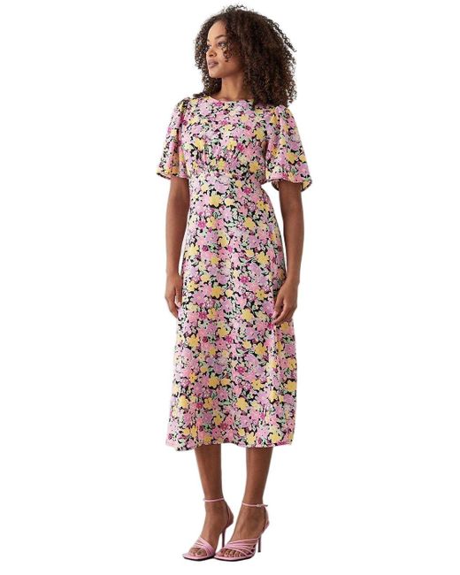 Dorothy Perkins Pink Floral Flutter Sleeve Shirred Waist Midi Dress