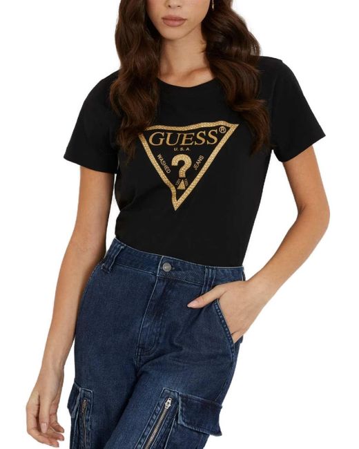 Tshirt Stretch Logo Triangle Jeans Guess en coloris Black