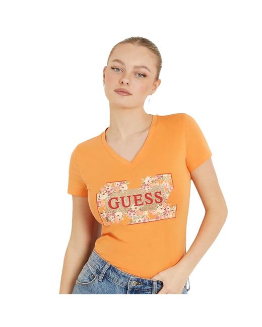 Tshirt Stretch Print Fleuri Jeans Guess en coloris Orange
