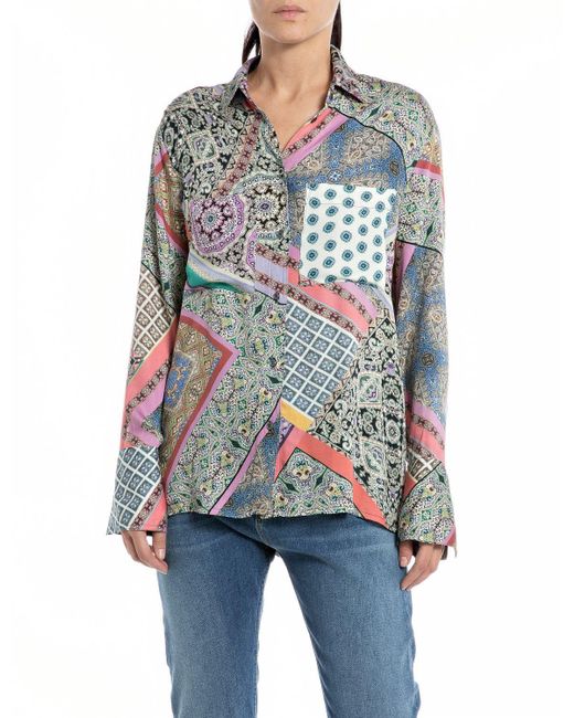 Replay Blue Bluse Langarm All Over Print
