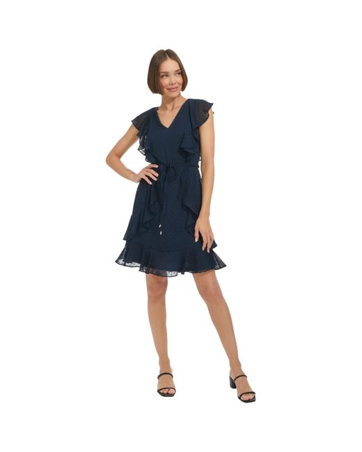 Tommy Hilfiger Blue Flutter Sleeve V-neck Chiffon Fit And Flare Dress Casual