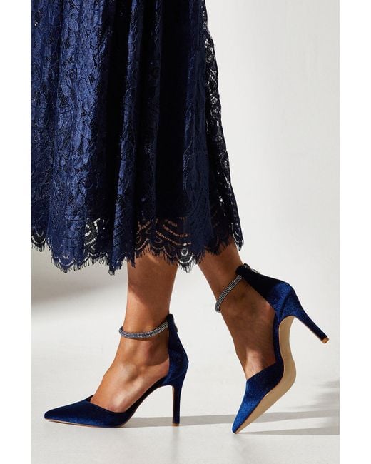 Coast Blue Velvet Diamante Ankle Strap Pointed Court Shoes