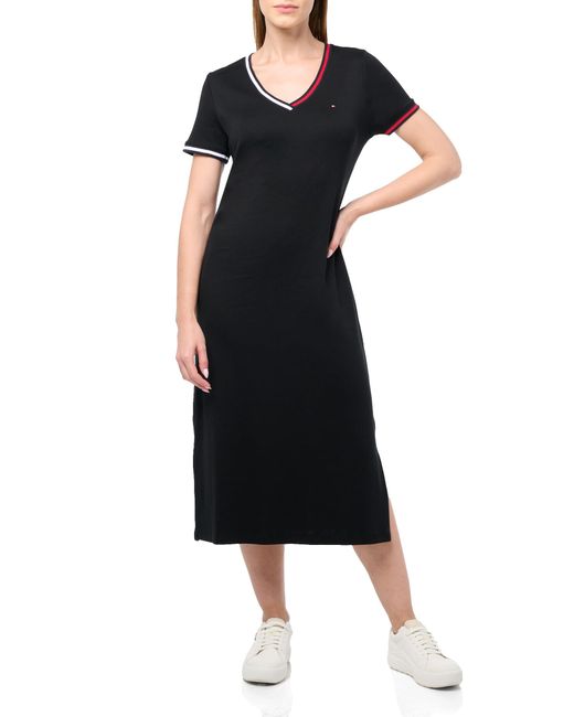 Tommy Hilfiger Black V-neck Stripe Trim Midi T-shirt Dress Casual