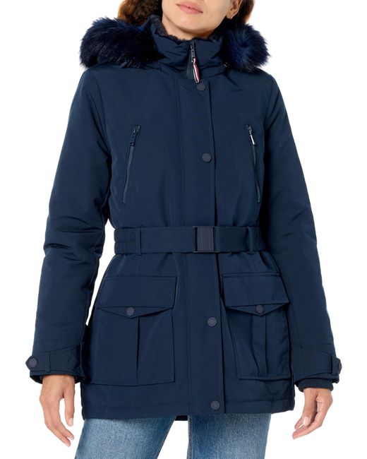 Tommy Hilfiger Blue Tactical Cold Weather Belted Jacket Down Alternative Coat