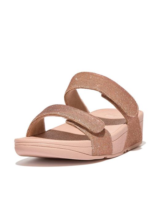 Fitflop Pink Fz9-323 Lulu Adjustable Shimmerlux Slides Ladies Rose Gold Textile Arch Support Slip On Sandals