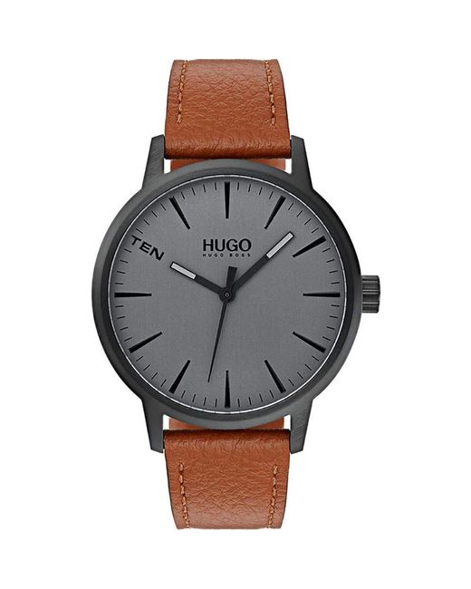 HUGO Gray By Boss Analog Quartz Watch With Leather Strap 1530075 for men
