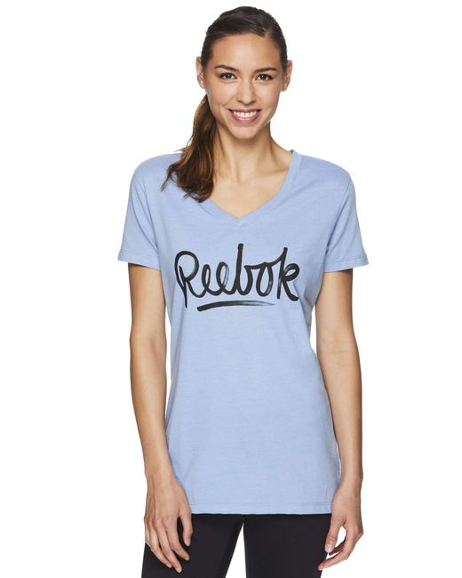 Reebok Blue S V-neck Script Logo Graphic T-shirt