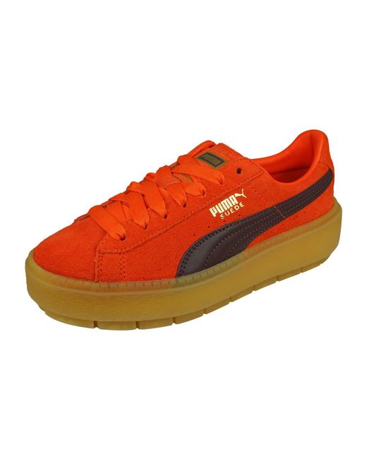 PUMA Red Platform Trace Block Lace Up Orange Suede Leather S Trainers 367057 03