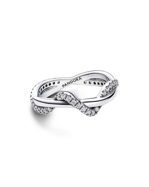 Pandora Metallic Timeless Double Wave Sterling Silver Ring With Clear Cubic Zirconia