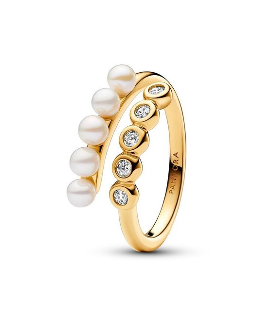 Pandora Metallic Timeless 14k Gold-plated Open Ring With White Treated Freshwater Cultured Pearl And Clear Cubic Zirconia