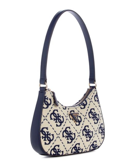 Guess Metallic Ruma Mini Top Zip Shoulder Bag Navy Logo