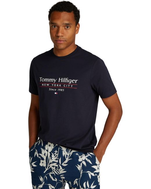 T-Shirt ches Courtes Center Stack Tee avec Col Ras-du-Cou Tommy Hilfiger pour homme en coloris Blue