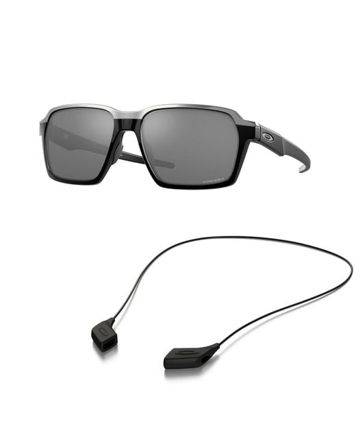 Oakley Gray Oo4143 Sunglasses Bundle: Oo 4143 414302 Parlay Polished Black Prizm Bl And Medium Black Leash Accessory Kit for men