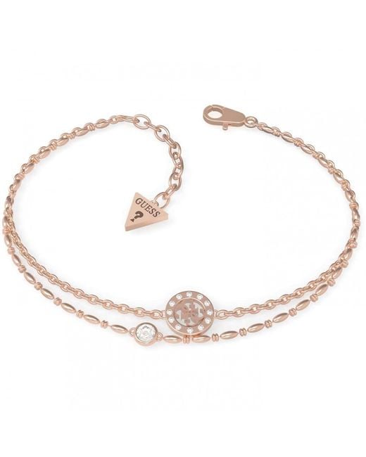 Guess Metallic Miniature Stainless Steel Rose Gold Bracelet Crystal And Quattro G Round Plate Charm Double Strand Link Chains With Lobster