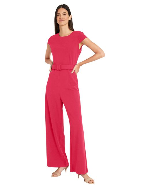 Maggy London Red Belted Wide Pant Leg Jumpsuit Workwear Office Occasion Event Guest Of