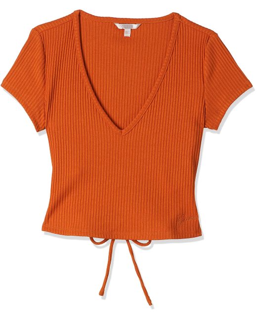 T-shirt Adria à manches courtes et col en V côtelé pour femme Guess en coloris Orange