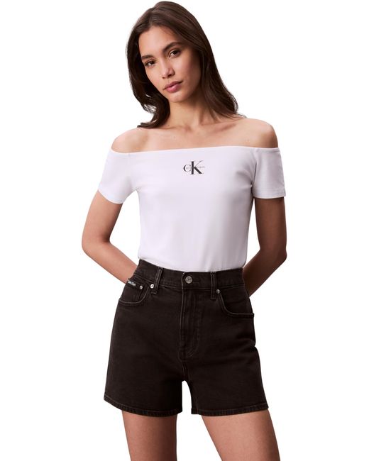 Calvin Klein T-Shirt Met Korte Mouwen, Blote Schouders En Logo in het White