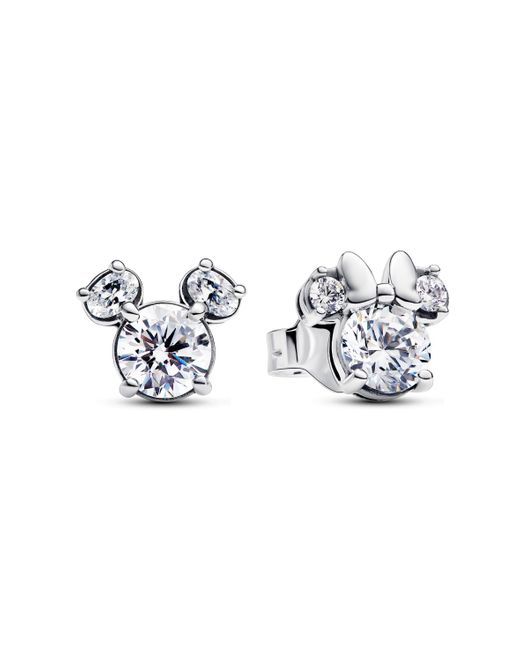 Pandora Metallic Disney Mickey And Minnie Silhouette Sterling Silver Stud Earrings With Clear Cubic Zirconia