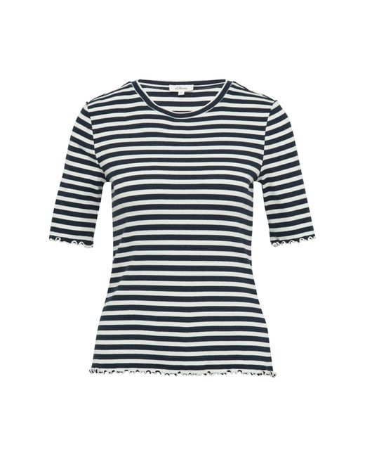 S.oliver Blue Geripptes T-Shirt mit Ziersaum Navy 38