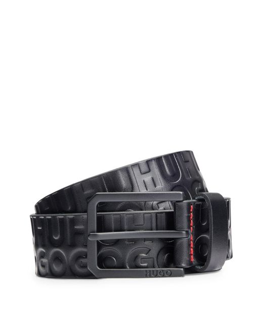 HUGO Black Leather Belt With Embossed Stacked Logos for men