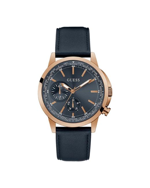 Guess Gray Us Rose Gold-tone And Navy Leather Multifunction Watch for men