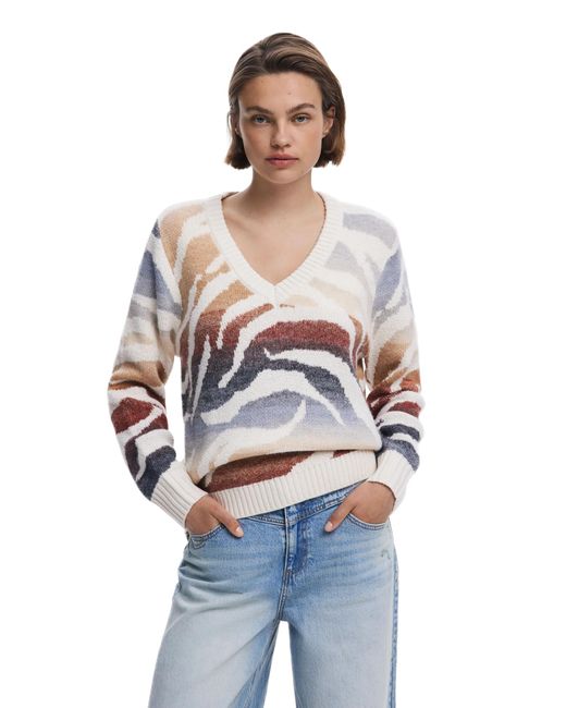 Desigual White Zebra-Pullover Mit V-Ausschnitt