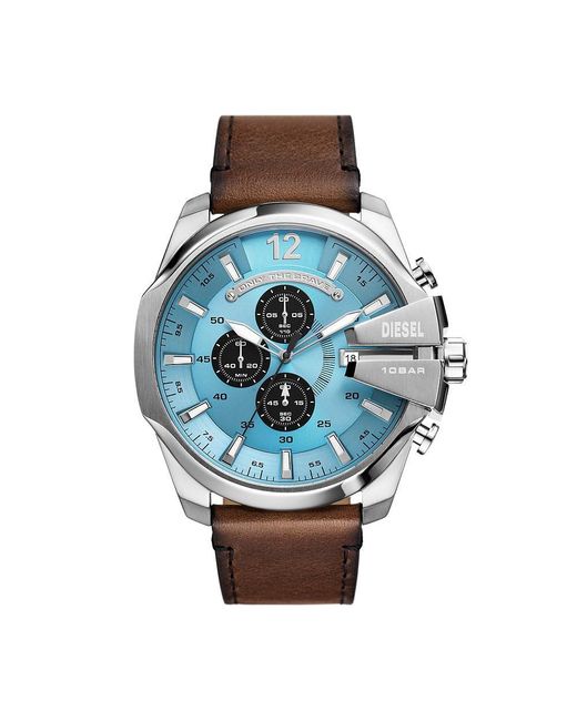 DIESEL Blue Mega Chief Stainless Steel And Leather Chronograph Watch for men