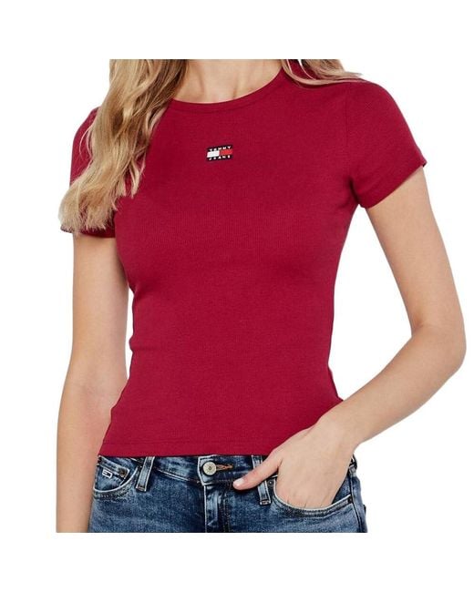 Tommy Hilfiger Donkerroze T-shirt Voor Met Badge in het Red