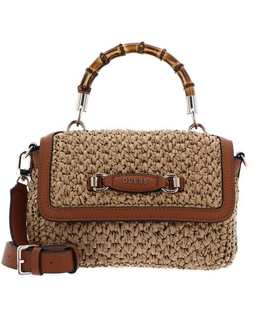 Guess Brown Siria Top Handle Flap Bag Natural/cognac