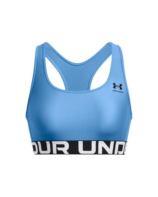 Under Armour Heatgear Authentics Mid Impact Branded Sports Bra in Blue