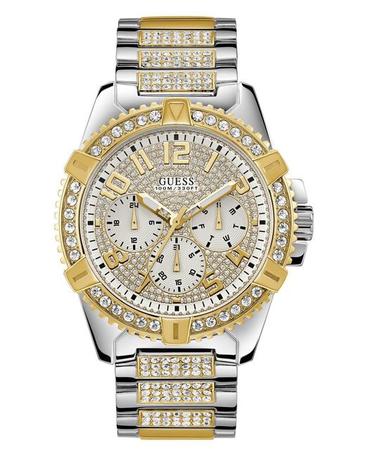 Guess Metallic Stainless Steel + Gold-tone Crystal Embellished Bracelet Watch With Day for men