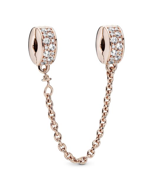 Pandora Metallic Timeless 14k Rose Gold-plated Safety Chain With Clear Cubic Zirconia And Silicone Grip