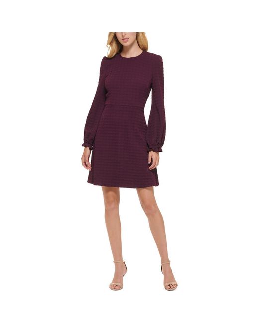 Tommy Hilfiger Purple Embossed Houndstooth Knit Balloon Sleeve Button Closure Dress