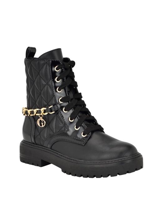 Guess Black Jellard Lace Up Quilted Round Toe Combat Booties