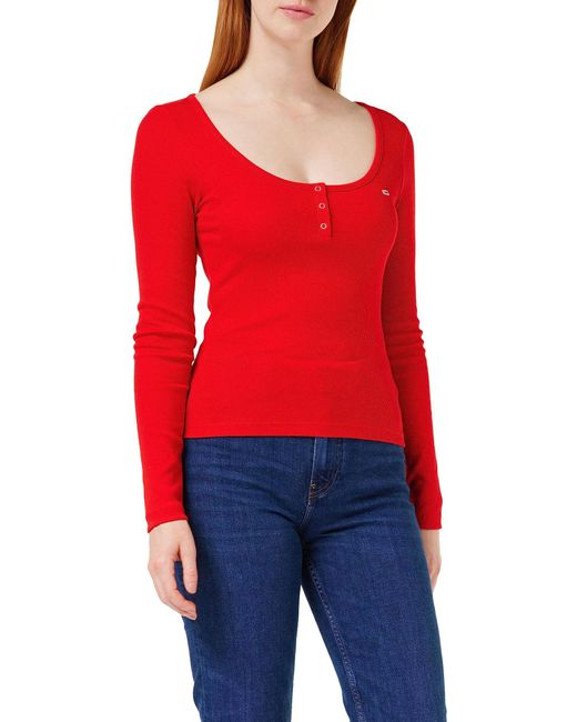 Tommy Hilfiger Red Tommy Jeans Long-sleeved T-shirt Slim Rib C-neck Basic