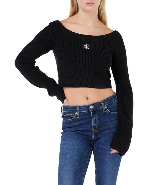 Calvin Klein Black Woven Label Off Shoulder Sweater J20j222628 Pullovers