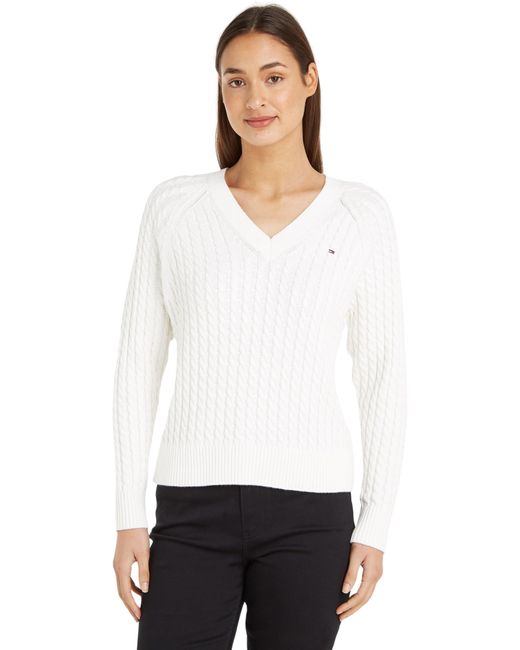 Tommy Hilfiger White Co Cable V-nk Sweater Pullovers