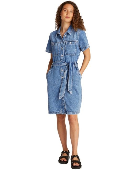 Tommy Jeans Denim Shirt Dress Knee Length Chemistry Blue Solid