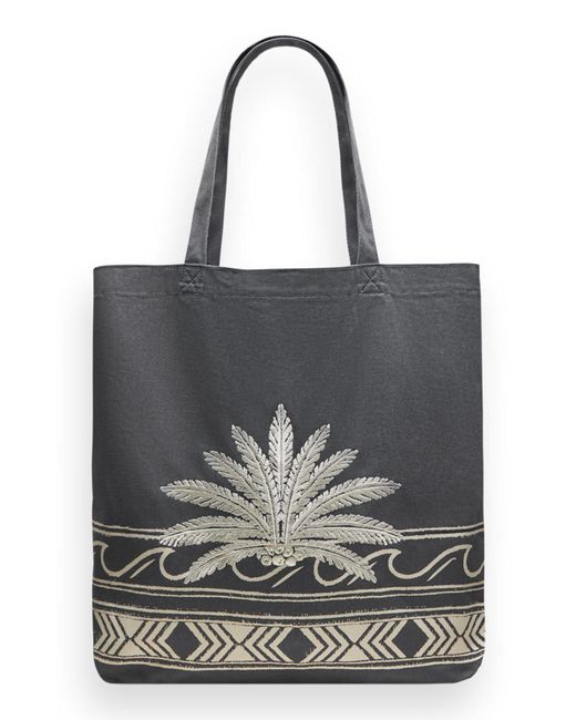 Scotch & Soda Black Canvas Tote Bag With Embroidery Palm Wave Border